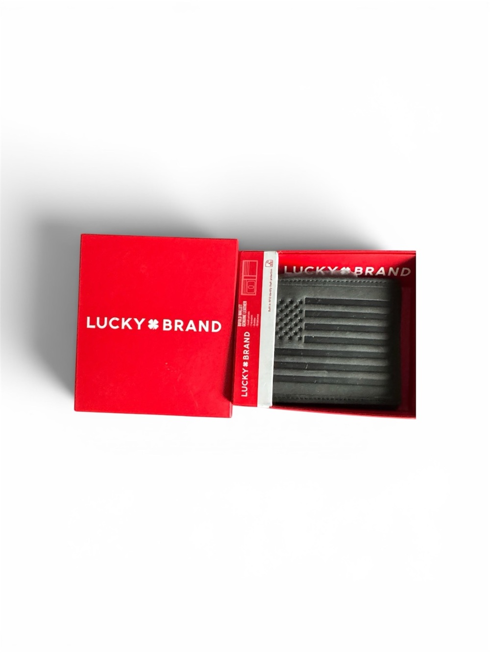 Lucky Brand Black Embossed American Flag Leather Wallet in Red Gift Box